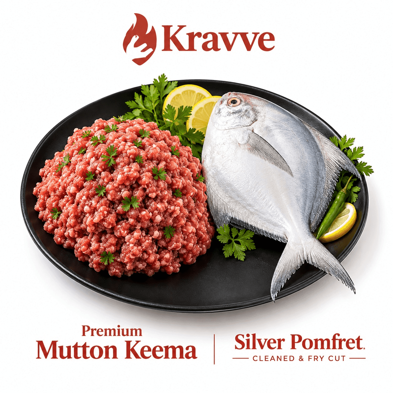 500g Premium Mutton Keema ~450g Silver Pomfret — Cleaned & Fry Cut, Combo.